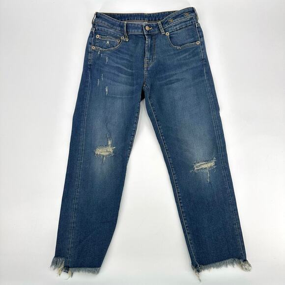 R 13 Straight Boy Distressed Raw Hem Jeans Baylis Cropped WMNS 27 Blue Denim
